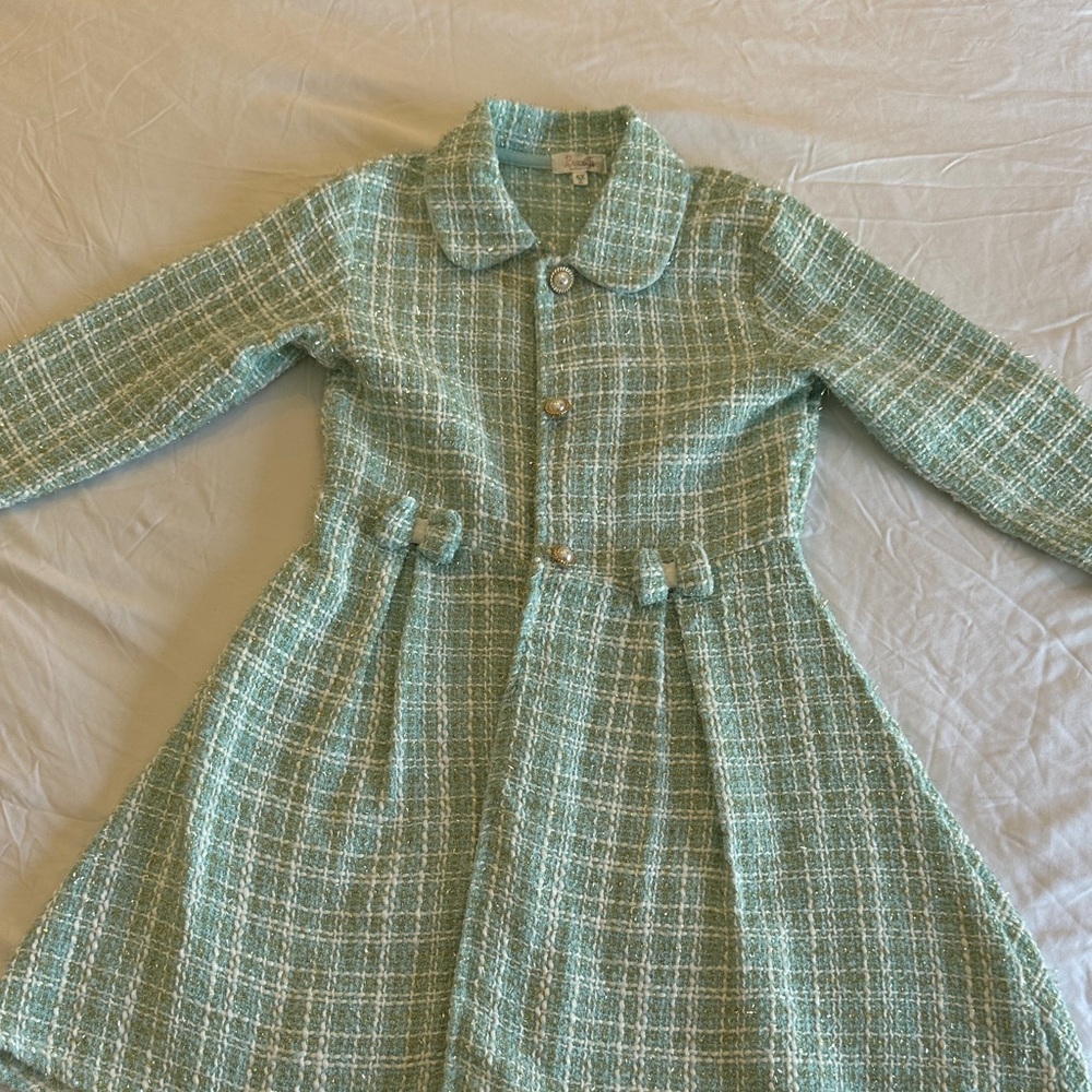 Green Tweed Coat with Belted Waist